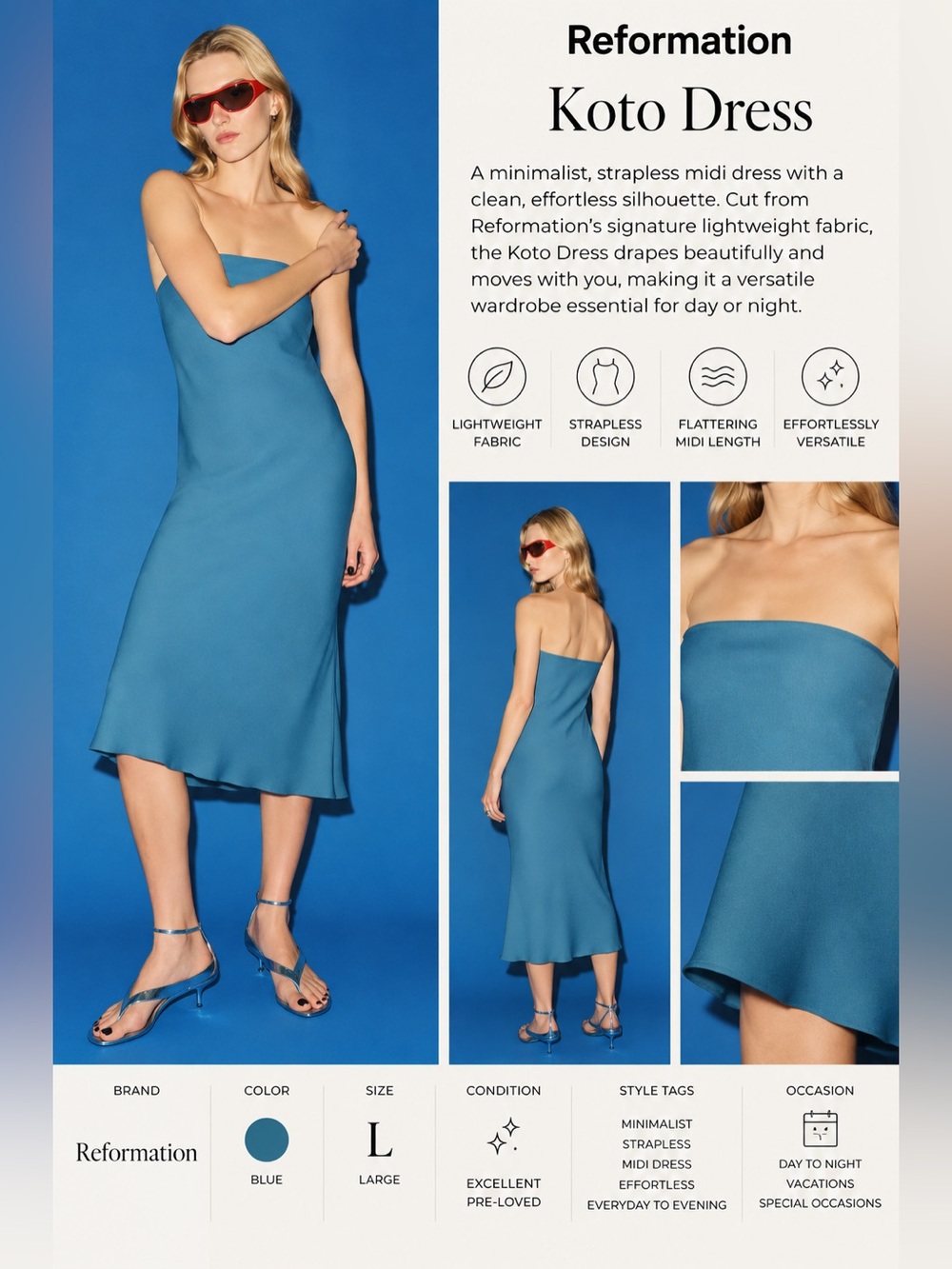 Reformation Koto Blue Strapless Midi Dress Size Large NWOT